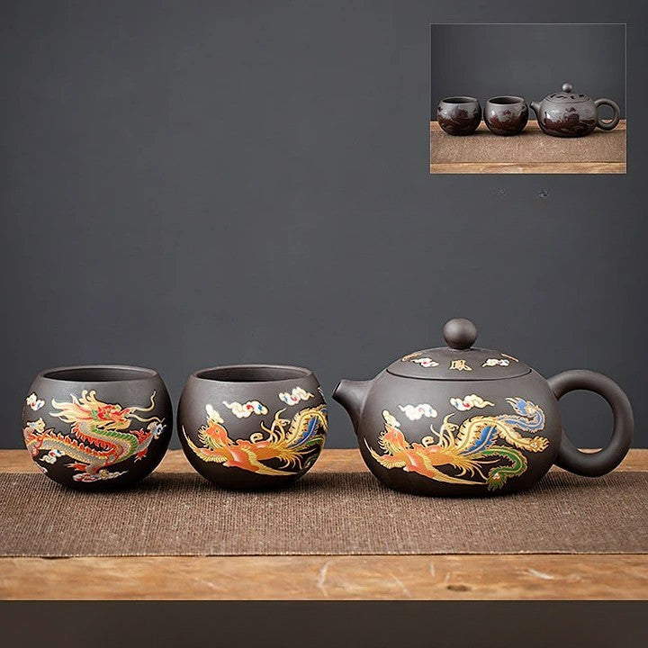 Dragon And Phoenix Purple Clay Teapot