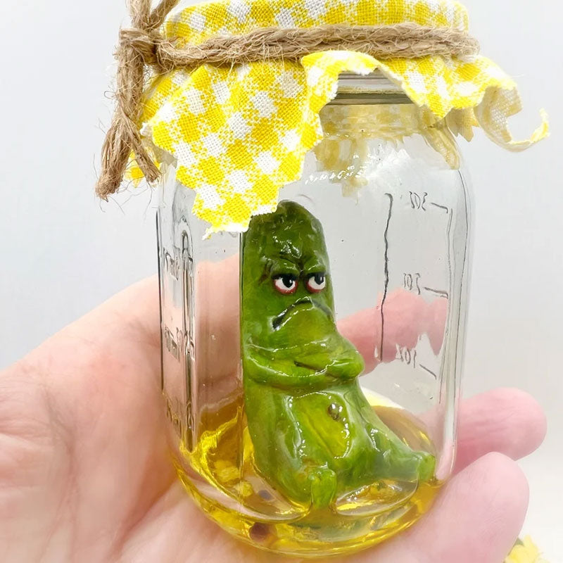Grumpy Pickle in a Jar sculpture