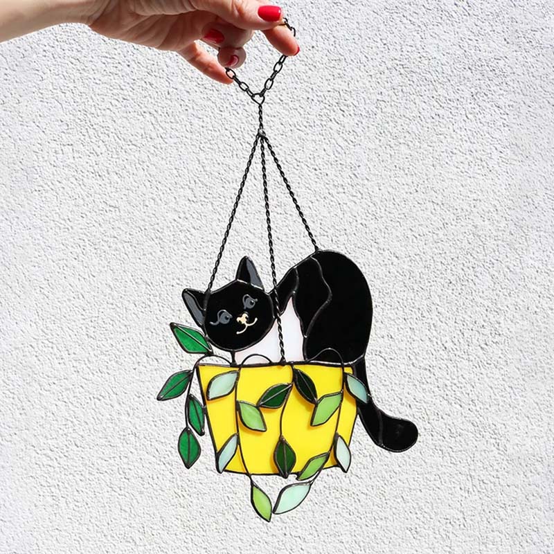 Cat in a flowerpot Suncatcher Stained Glass Window Hangins