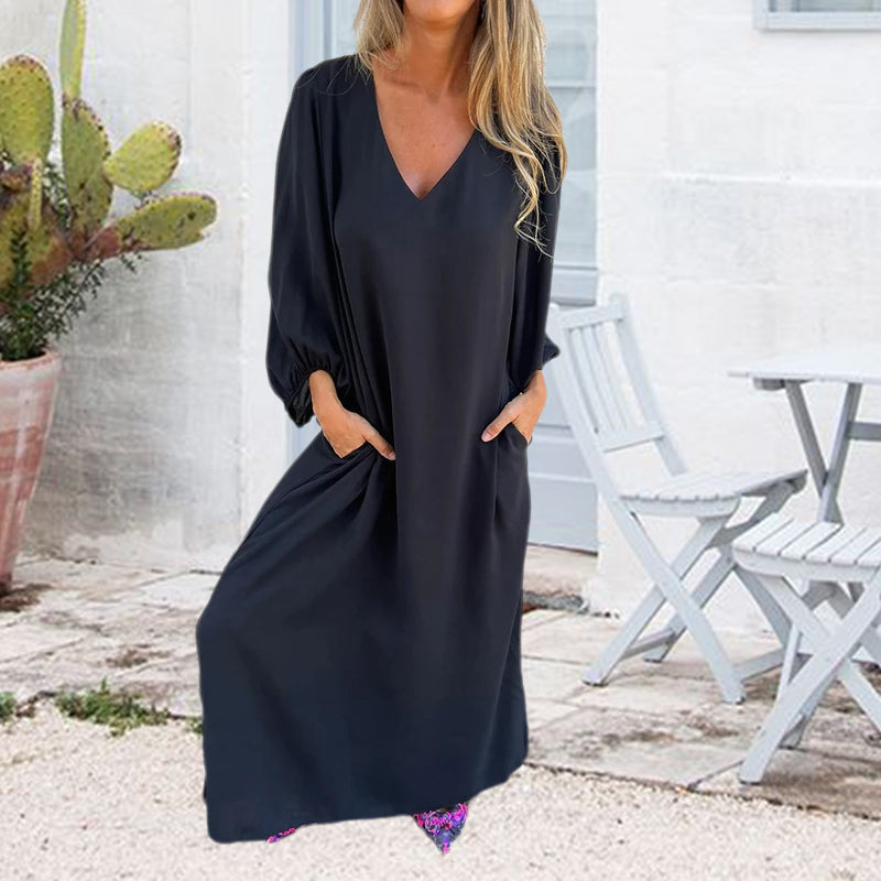 Loose V-Neck Solid Color Lantern Sleeve Dress