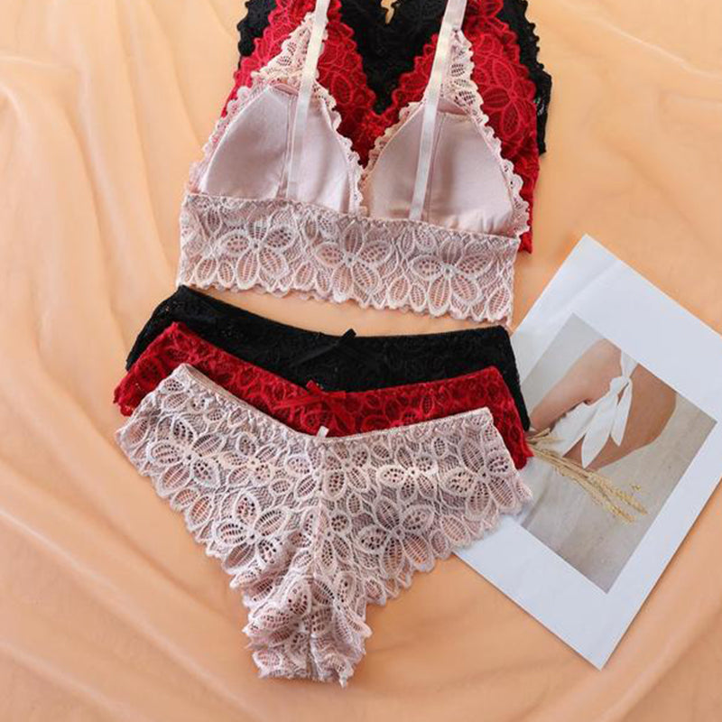 Women's Contrast Lace Wireless Bra & Bow Decor Panty Set