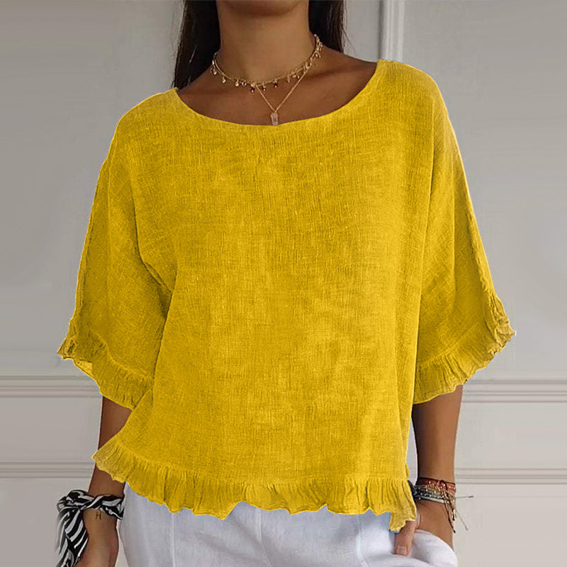 Round Neck Ruffled Hem Mid-sleeve Cotton and Linen Top