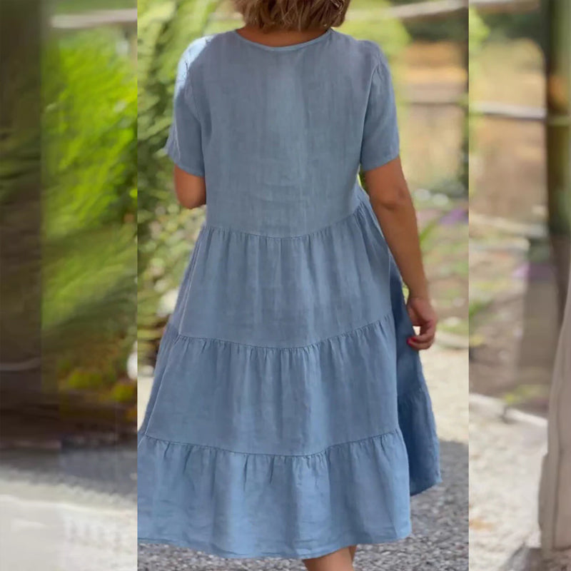 Cotton linen v-neck solid color dress