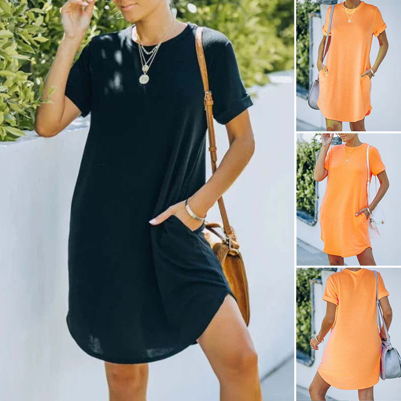 Casual Short Sleeve T-shirt Dress with Pockets