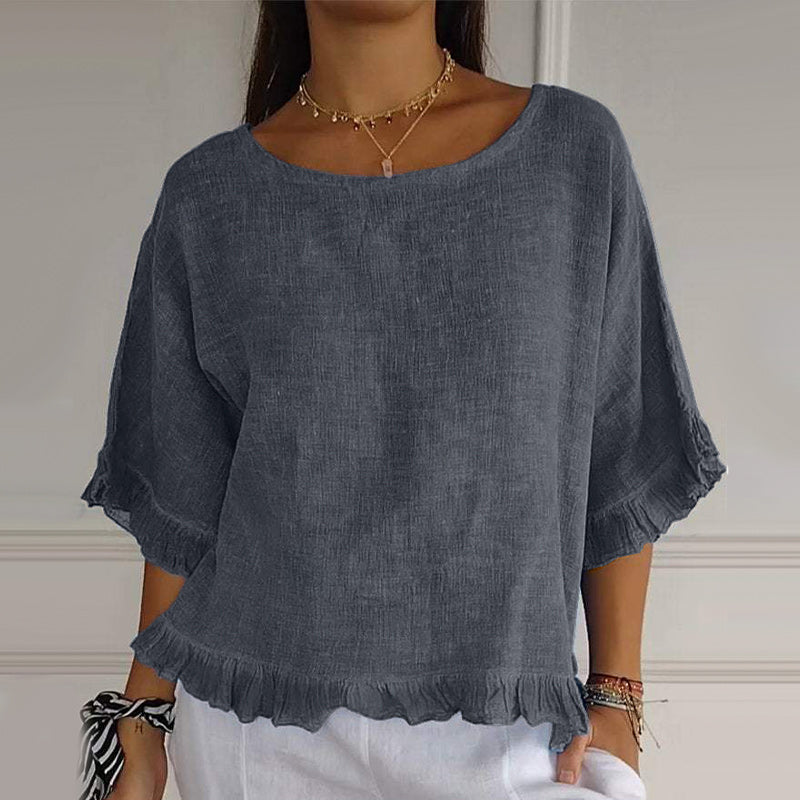 Round Neck Ruffled Hem Mid-sleeve Cotton and Linen Top