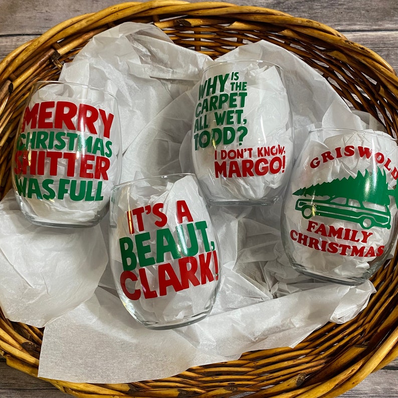 Christmas Vacation Themed Holiday Stemless Wine Glasses