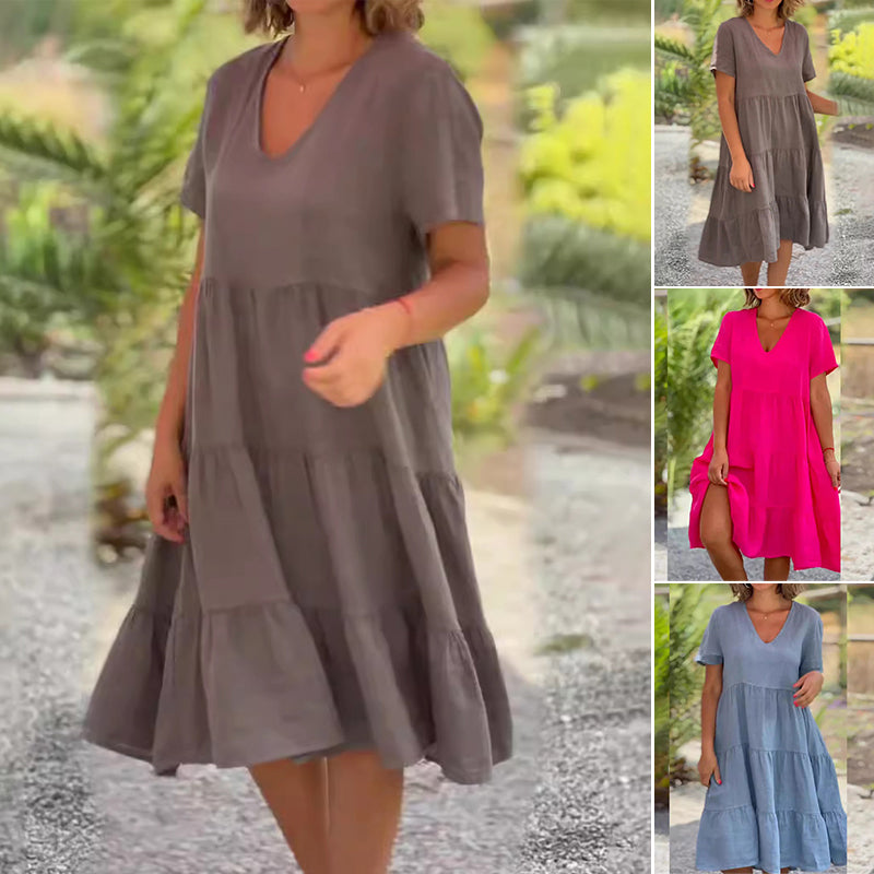 Cotton linen v-neck solid color dress