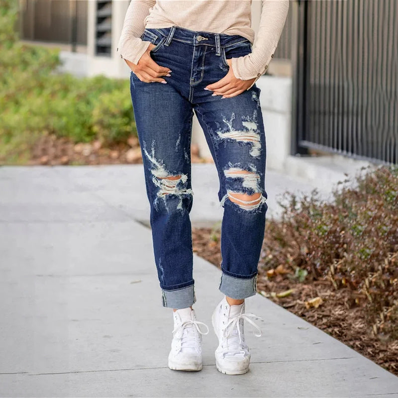 Distressed cuffed mid-rise ripped jeans