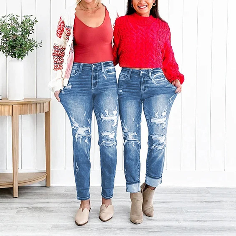 Distressed cuffed mid-rise ripped jeans