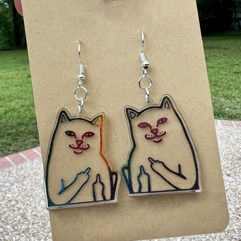 Fun middle finger cat earrings